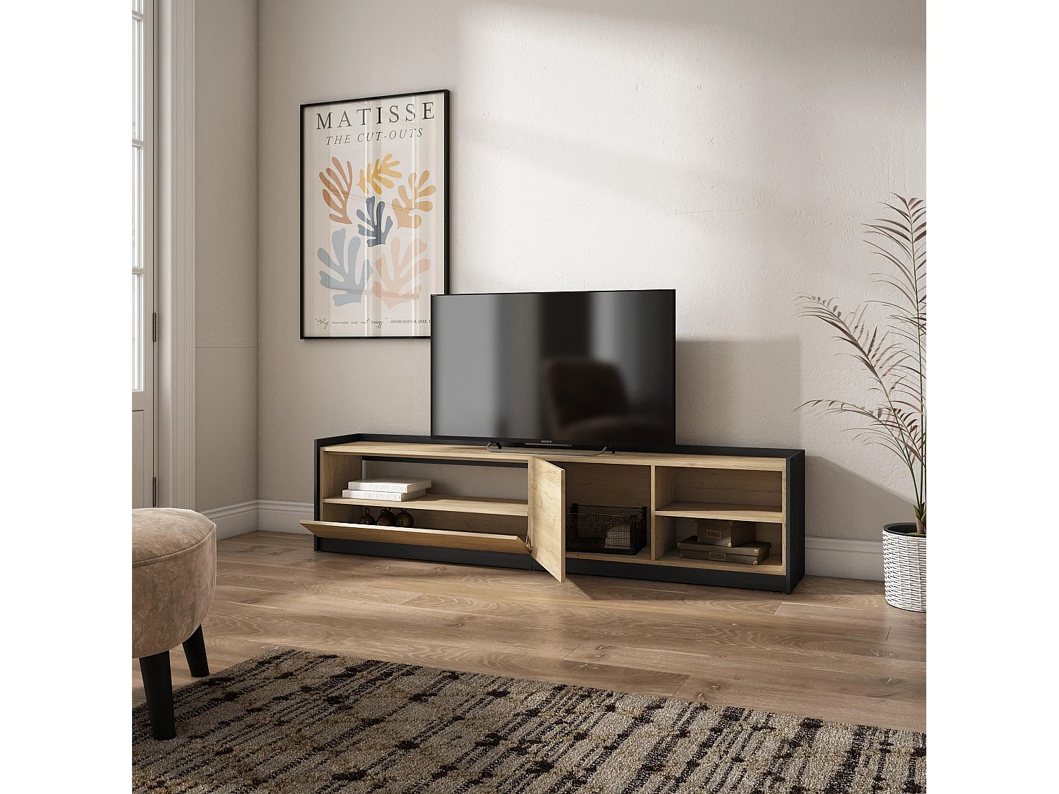 TV-Schrank, Lowboard, 207x50x37 cm, Für TV-Geräte bis zu 80", Fernsehtisch, Eiche Schwarz