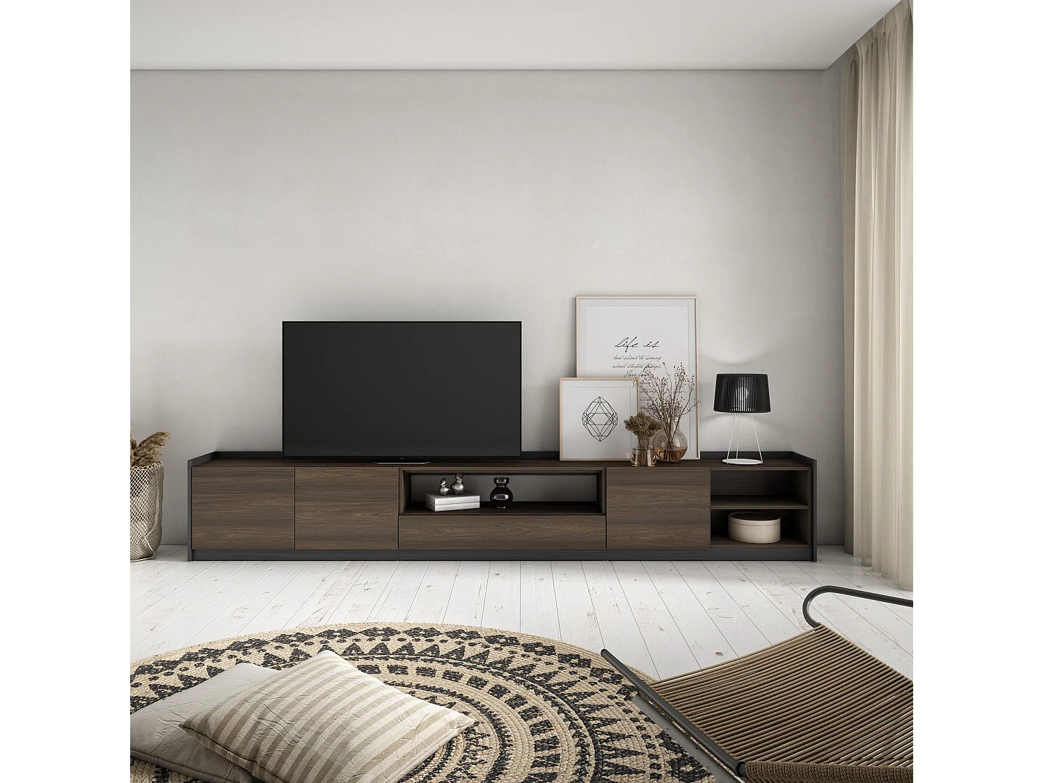 Mueble TV, Televisión, 310x50x37 cm, Para TV hasta 80", Con almacenamiento, Roble oscuro y Negro