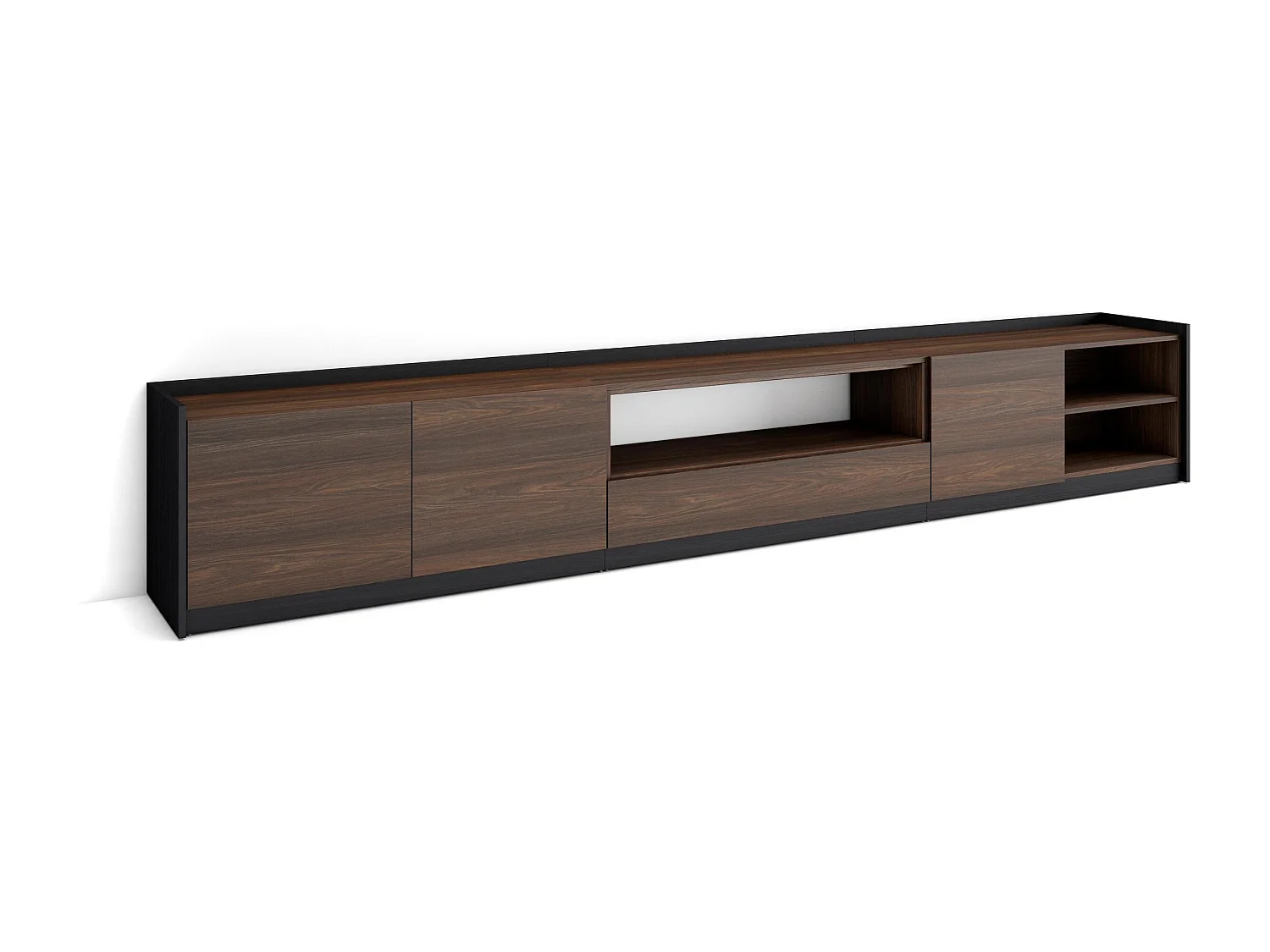 Mueble TV, Televisión, 310x50x37 cm, Para TV hasta 80", Con almacenamiento, Roble oscuro y Negro