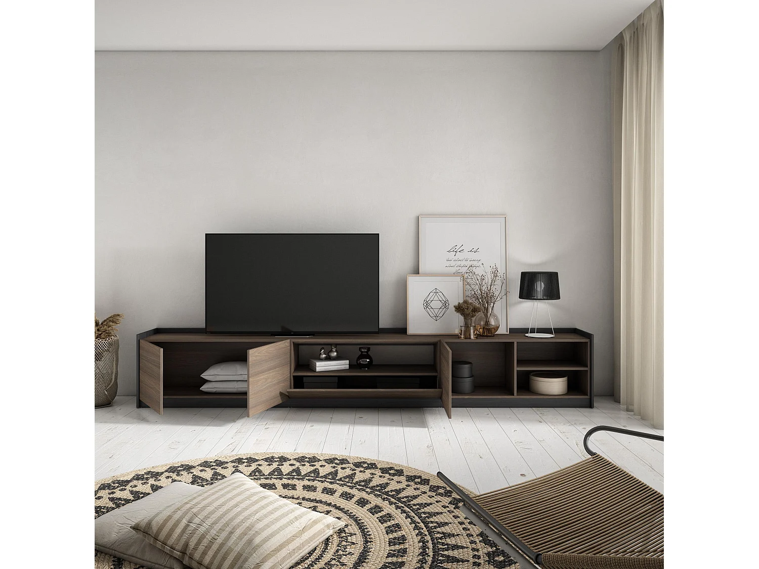 Mueble TV, Televisión, 310x50x37 cm, Para TV hasta 80", Con almacenamiento, Roble oscuro y Negro