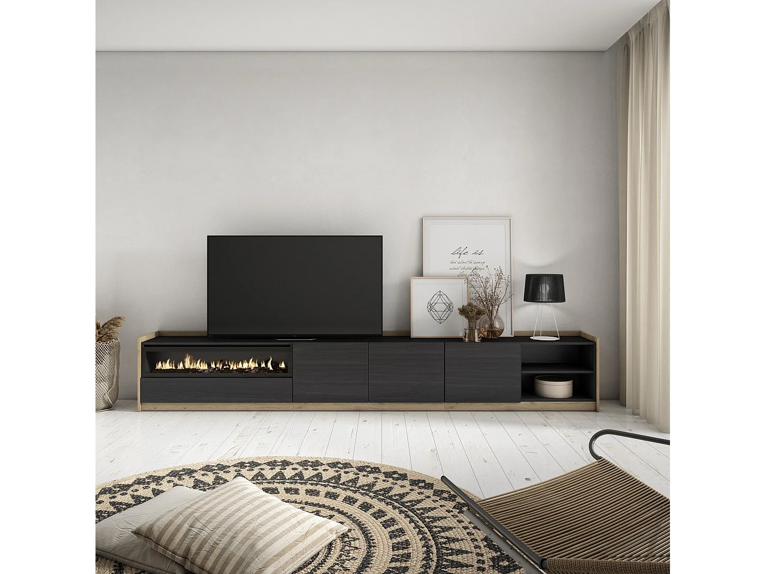 TV-Schrank, Lowboard, 310x50x37 cm, Für TV-Geräte bis zu 80", Elektrokamin., Schwarz Eiche