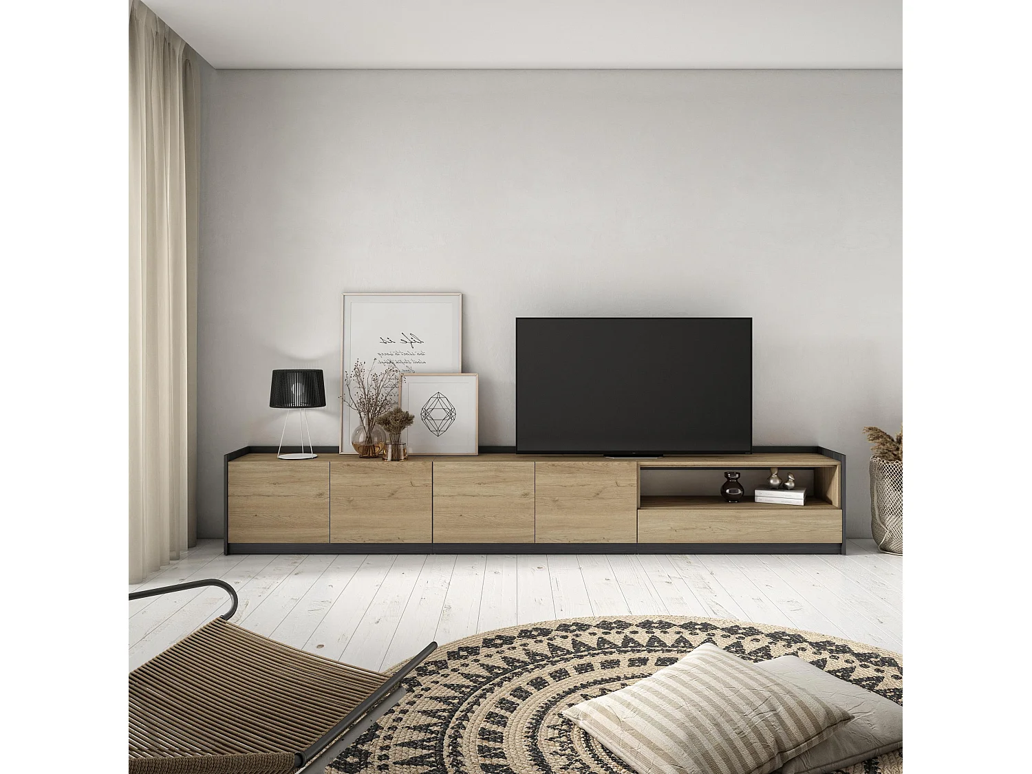 TV-Schrank, Lowboard, 310x50x37 cm, Für TV-Geräte bis zu 80", Fernsehtisch, Eiche Schwarz