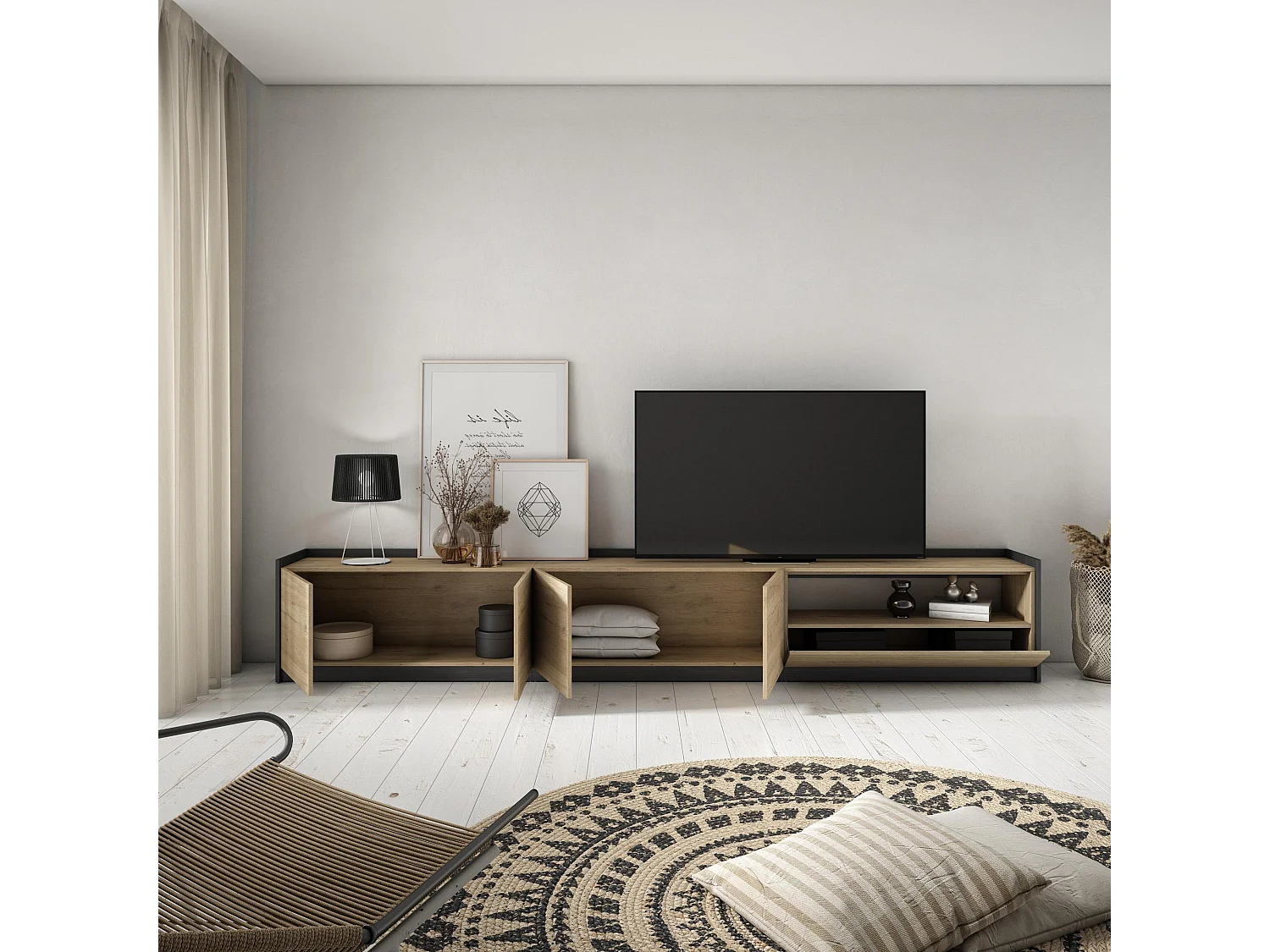 TV-Schrank, Lowboard, 310x50x37 cm, Für TV-Geräte bis zu 80", Fernsehtisch, Eiche Schwarz