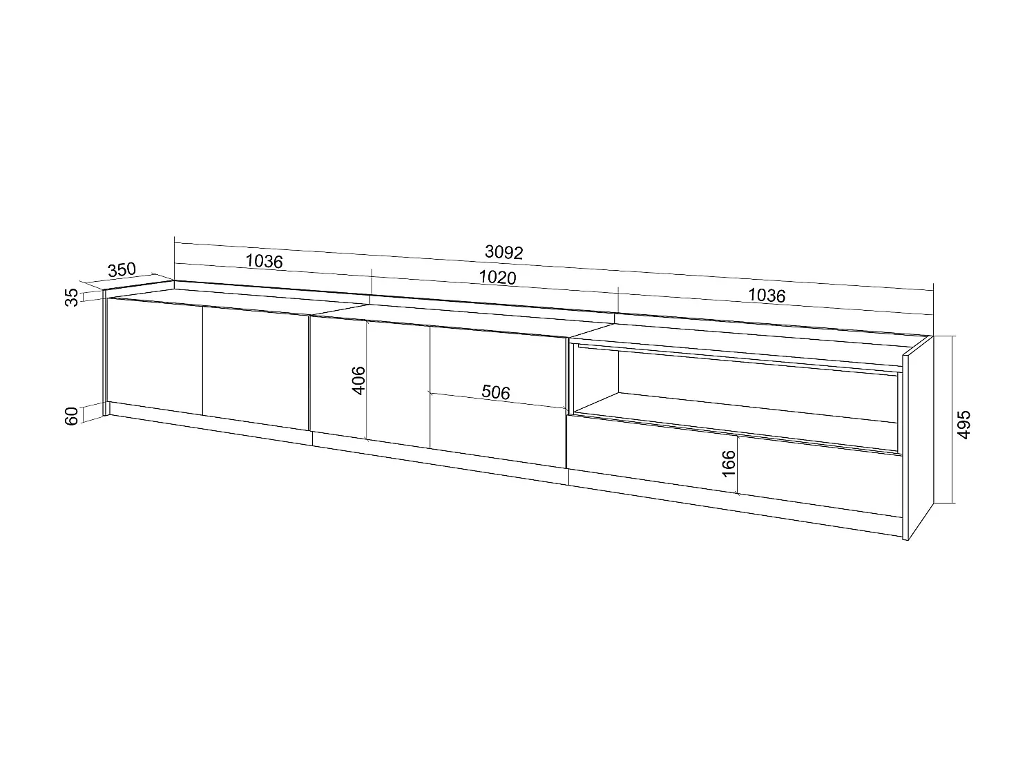 TV-Schrank, Lowboard, 310x50x37 cm, Für TV-Geräte bis zu 80", Fernsehtisch, Eiche Schwarz