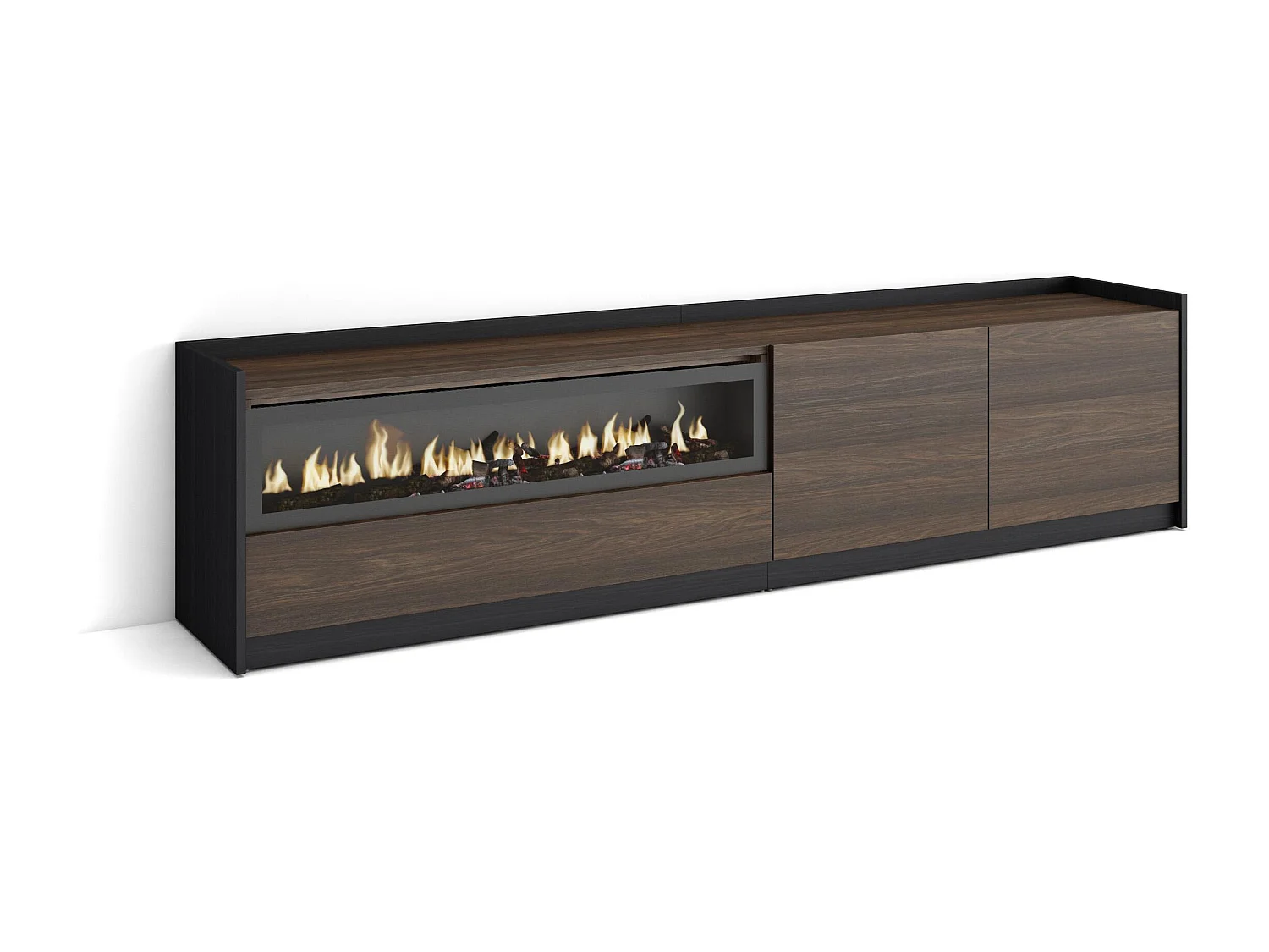 Meuble TV, Banc Télé, 207x50x37 cm, Pour les TV jusqu'à 80", Cheminée électrique, Chêne foncé et Noir