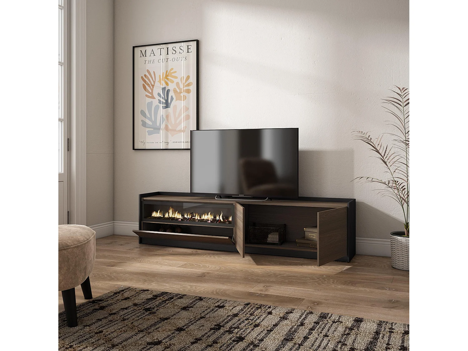 Meuble TV, Banc Télé, 207x50x37 cm, Pour les TV jusqu'à 80", Cheminée électrique, Chêne foncé et Noir