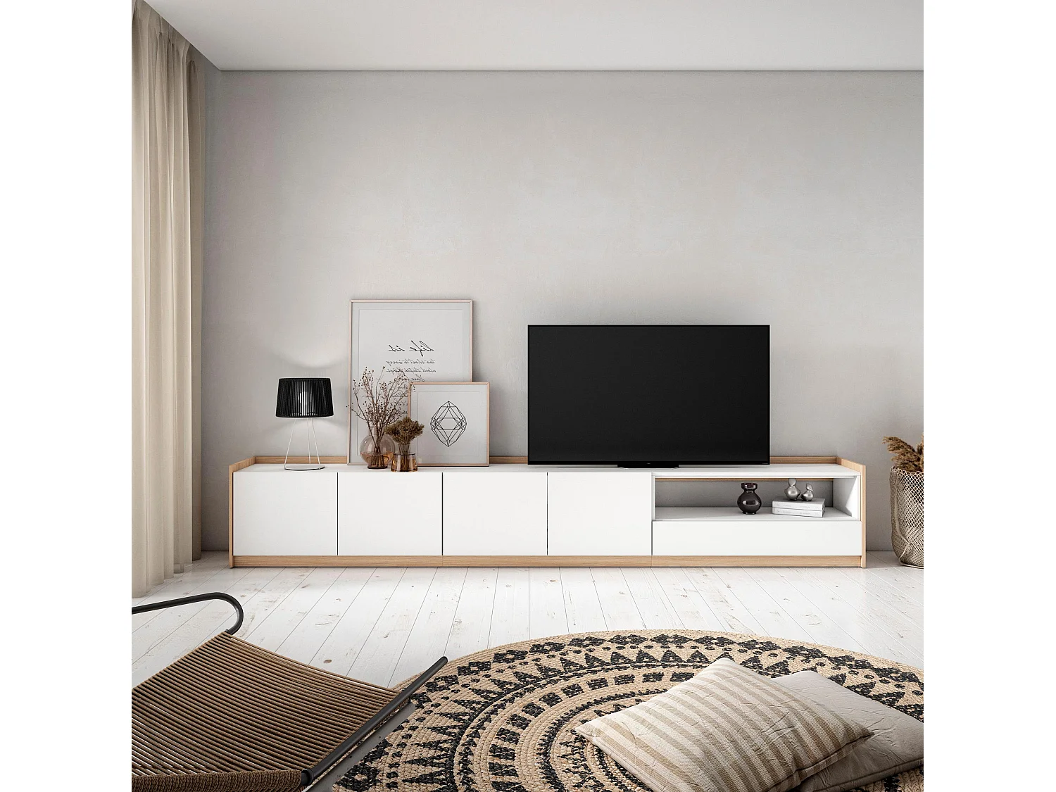 TV-Schrank, Lowboard, 310x50x37 cm, Für TV-Geräte bis zu 80", Fernsehtisch, Weiß und Eiche Soft