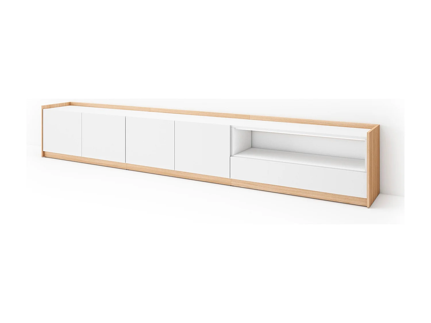 TV-Schrank, Lowboard, 310x50x37 cm, Für TV-Geräte bis zu 80", Fernsehtisch, Weiß und Eiche Soft