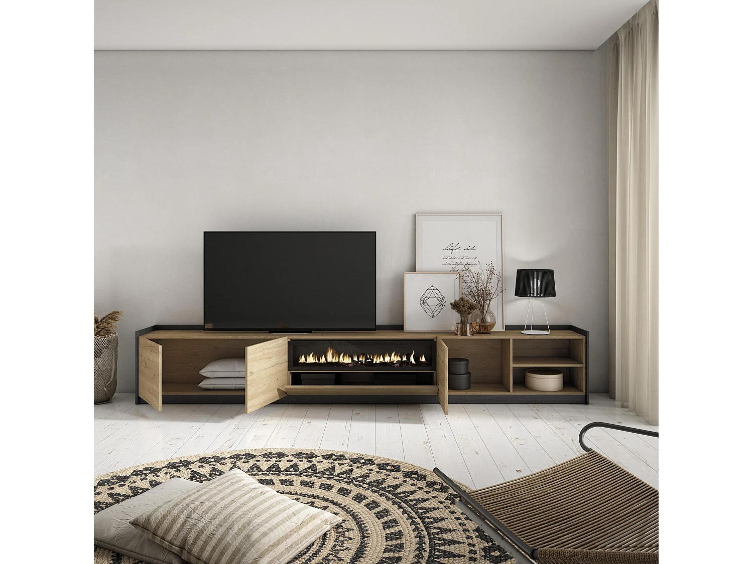 TV-Schrank, Lowboard, 310x50x37 cm, Für TV-Geräte bis zu 80", Elektrokamin., Eiche Schwarz