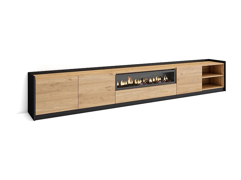 Mueble TV, Televisión, 310x50x37 cm, Para TV hasta 80", Chimenea eléctrica, Roble y negro