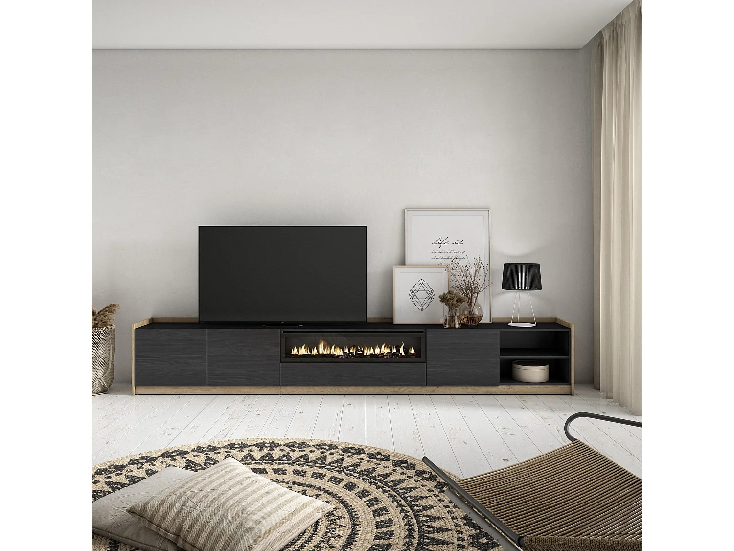 TV-Schrank, Lowboard, 310x50x37 cm, Für TV-Geräte bis zu 80", Elektrokamin., Schwarz Eiche