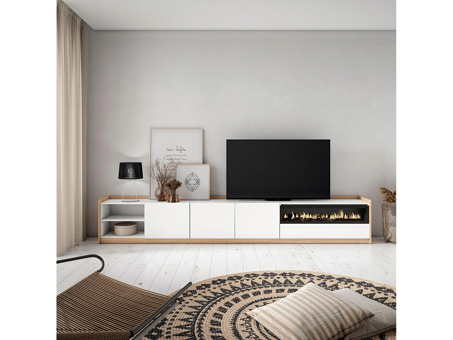 Meuble TV, Banc Télé, 310x50x37 cm, Pour les TV jusqu'à 80", Cheminée électrique, Blanc et Chêne Soft