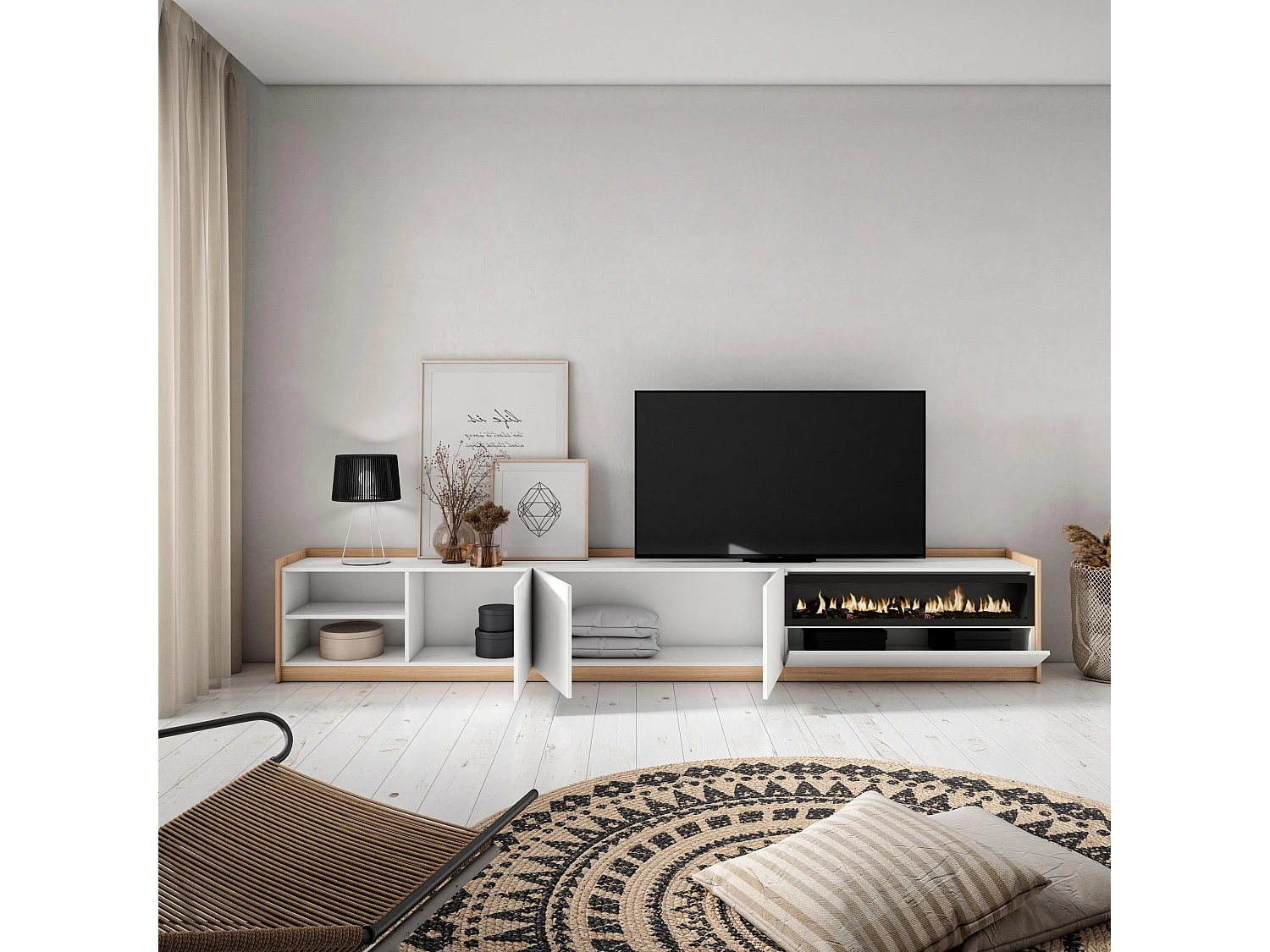 Meuble TV, Banc Télé, 310x50x37 cm, Pour les TV jusqu'à 80", Cheminée électrique, Blanc et Chêne Soft