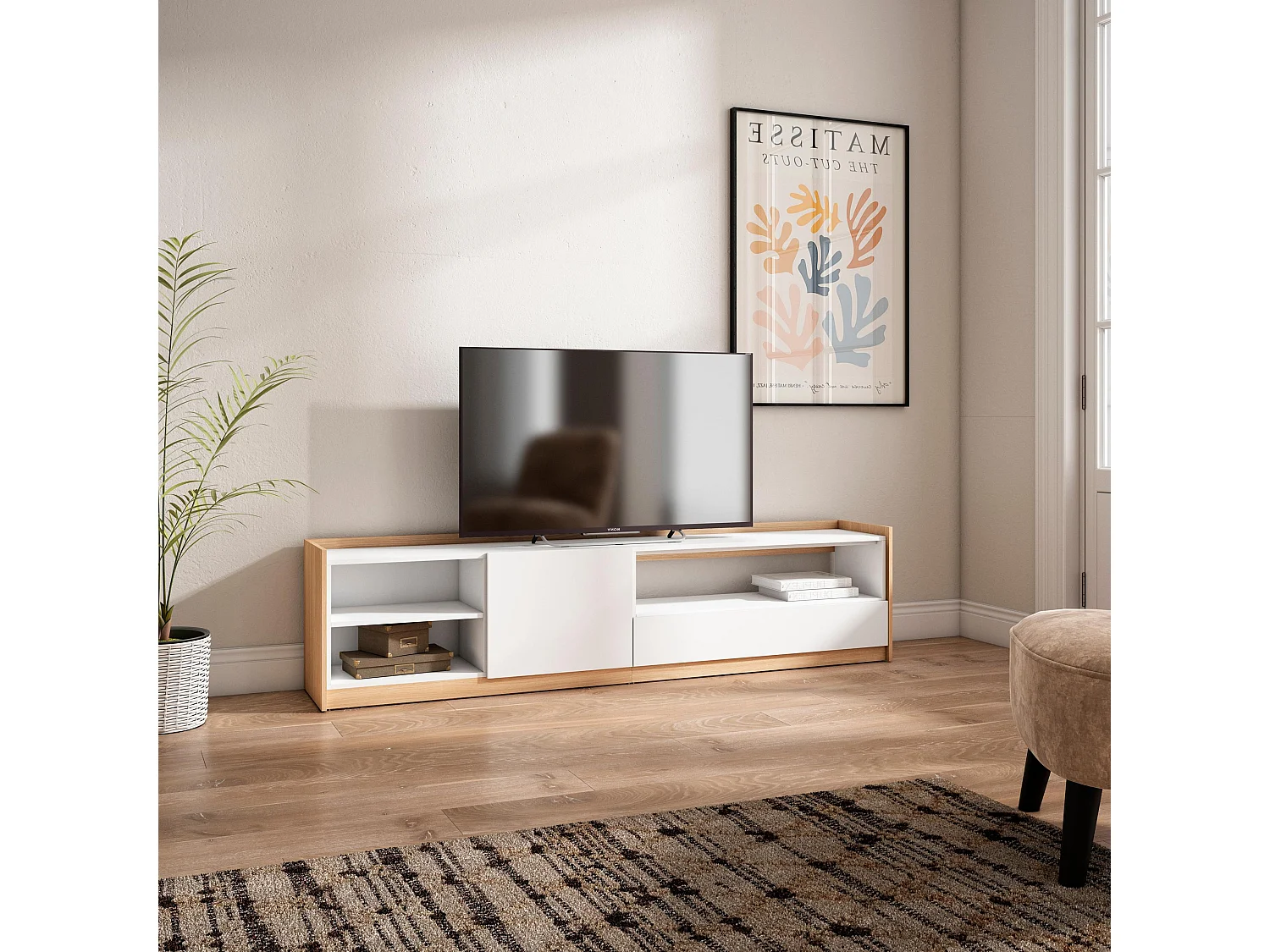 TV-Schrank, Lowboard, 207x50x37 cm, Für TV-Geräte bis zu 80", Fernsehtisch, Weiß und Eiche Soft