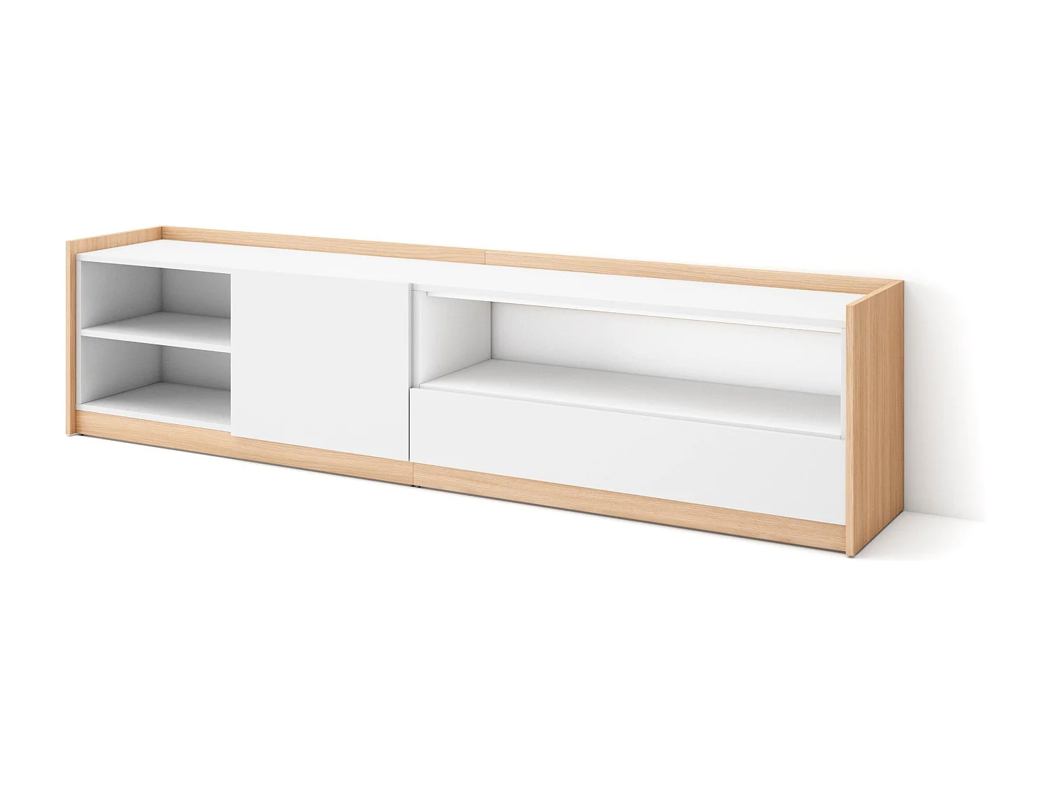 TV-Schrank, Lowboard, 207x50x37 cm, Für TV-Geräte bis zu 80", Fernsehtisch, Weiß und Eiche Soft