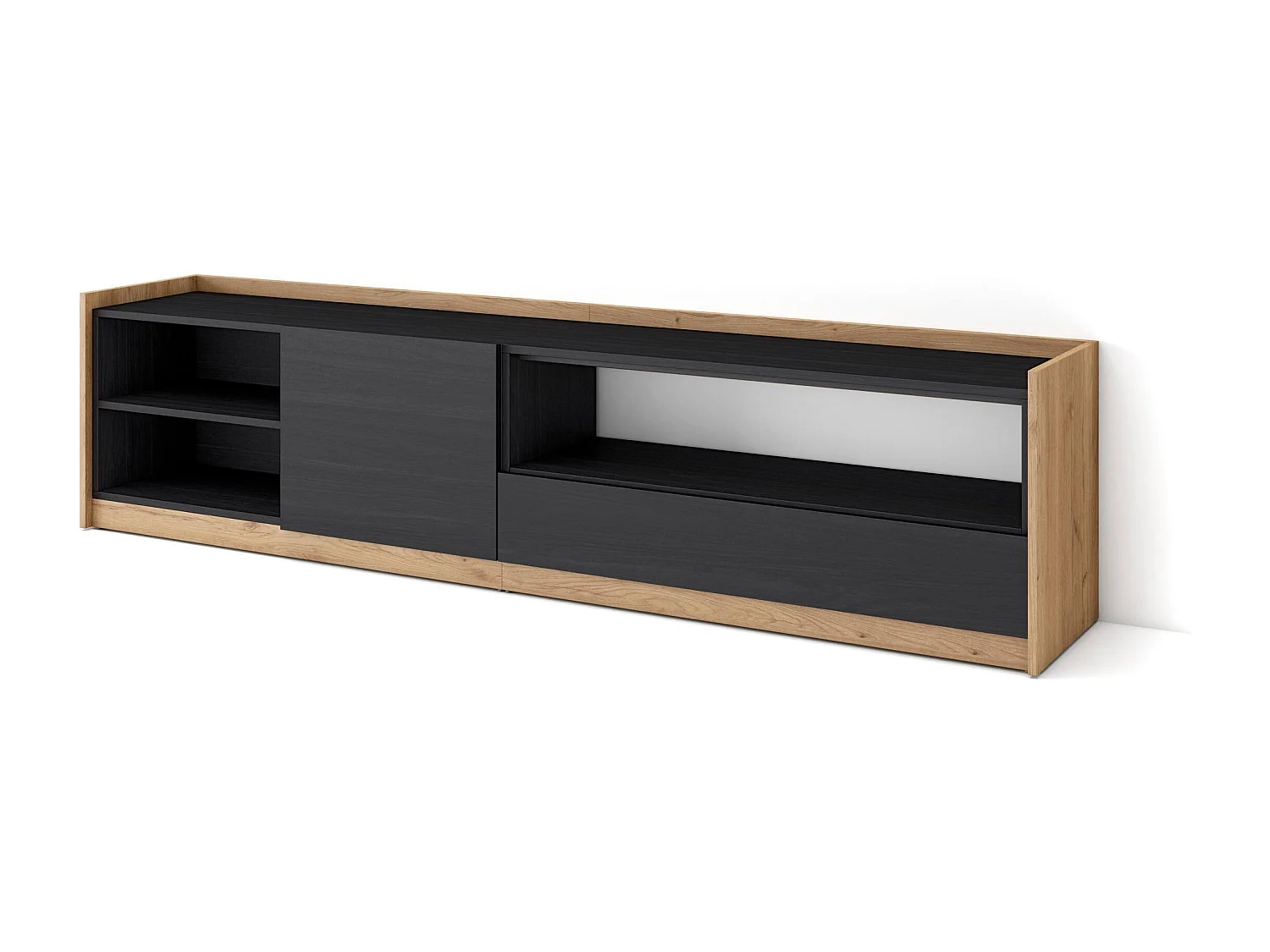 TV-Schrank, Lowboard, 207x50x37 cm, Für TV-Geräte bis zu 80", Fernsehtisch, Schwarz Eiche