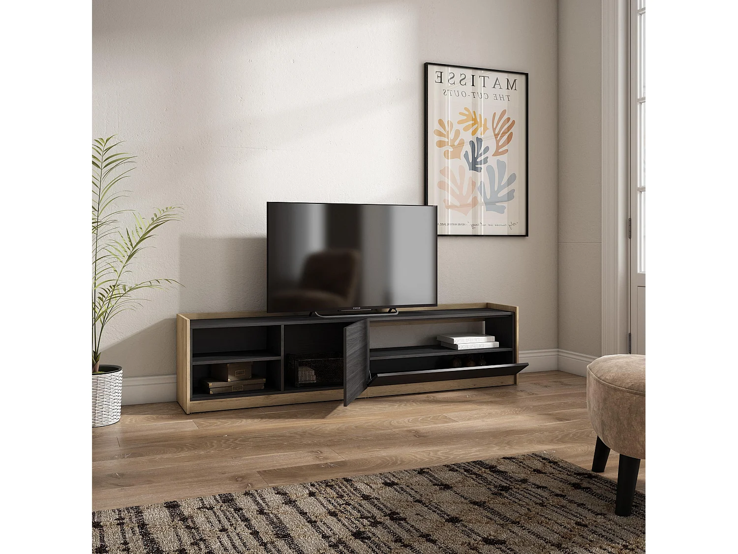 TV-Schrank, Lowboard, 207x50x37 cm, Für TV-Geräte bis zu 80", Fernsehtisch, Schwarz Eiche