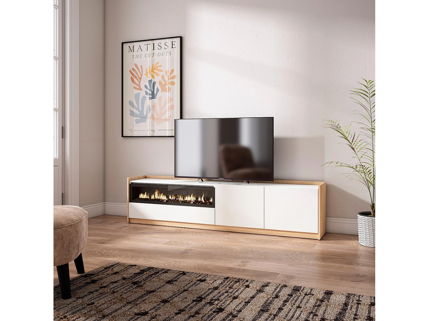 TV-Schrank, Lowboard, 207x50x37 cm, Für TV-Geräte bis zu 80", Elektrokamin., Weiß und Eiche Soft