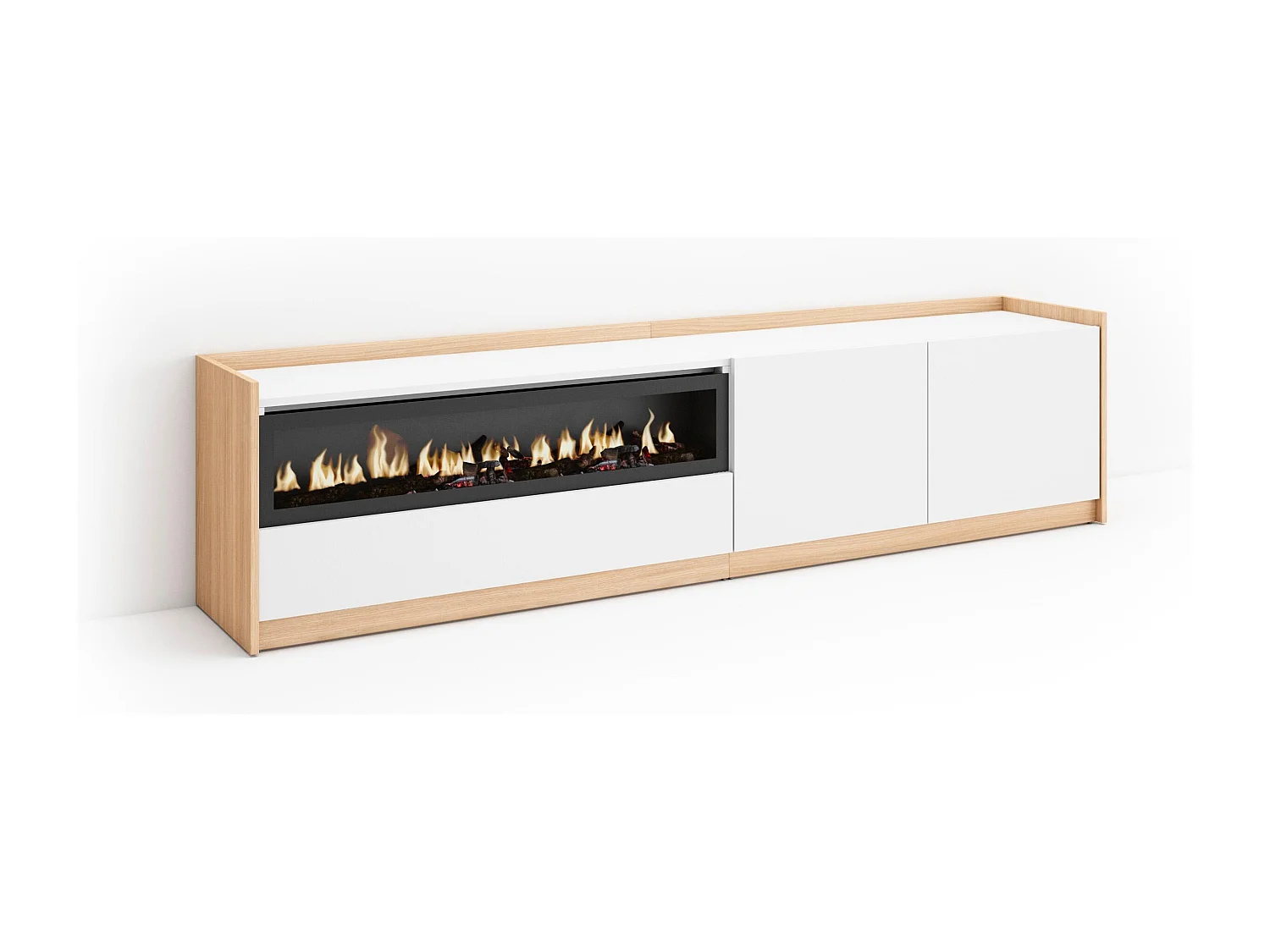 TV-Schrank, Lowboard, 207x50x37 cm, Für TV-Geräte bis zu 80", Elektrokamin., Weiß und Eiche Soft