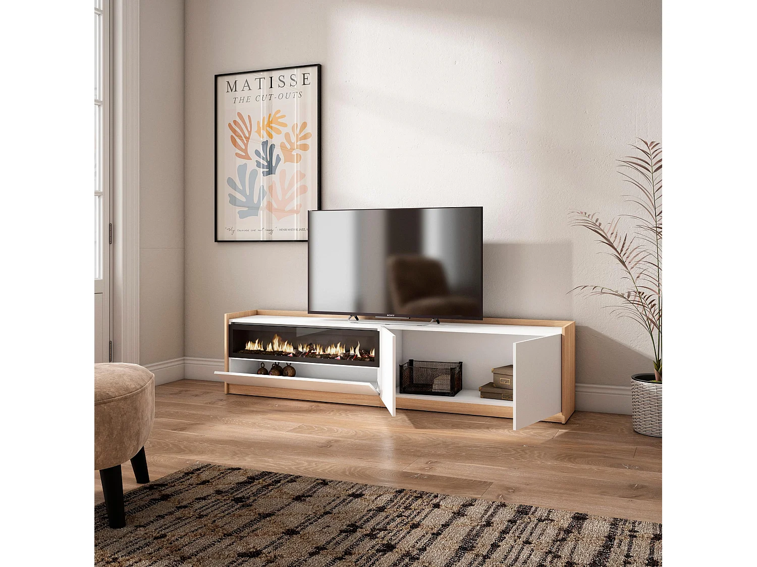 TV-Schrank, Lowboard, 207x50x37 cm, Für TV-Geräte bis zu 80", Elektrokamin., Weiß und Eiche Soft