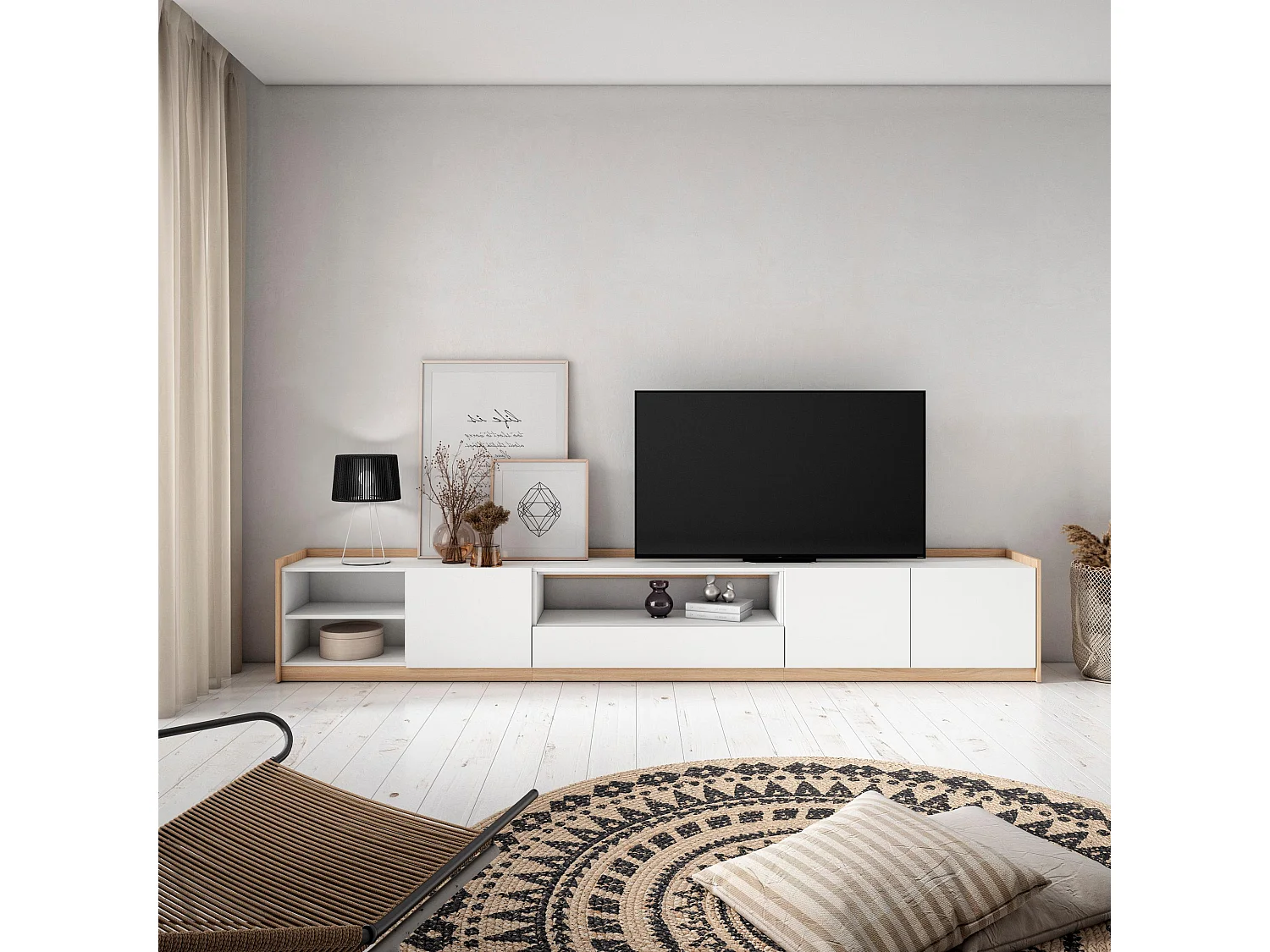 TV-Schrank, Lowboard, 310x50x37 cm, Für TV-Geräte bis zu 80", Fernsehtisch, Weiß und Eiche Soft