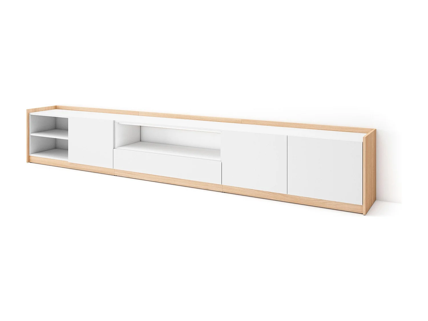 TV-Schrank, Lowboard, 310x50x37 cm, Für TV-Geräte bis zu 80", Fernsehtisch, Weiß und Eiche Soft