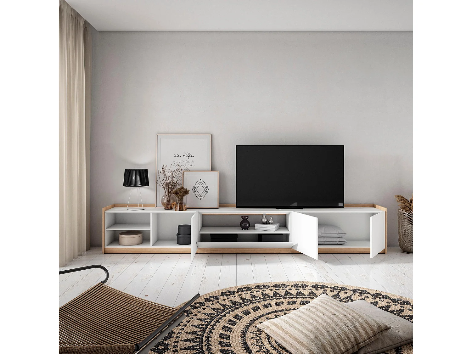 TV-Schrank, Lowboard, 310x50x37 cm, Für TV-Geräte bis zu 80", Fernsehtisch, Weiß und Eiche Soft