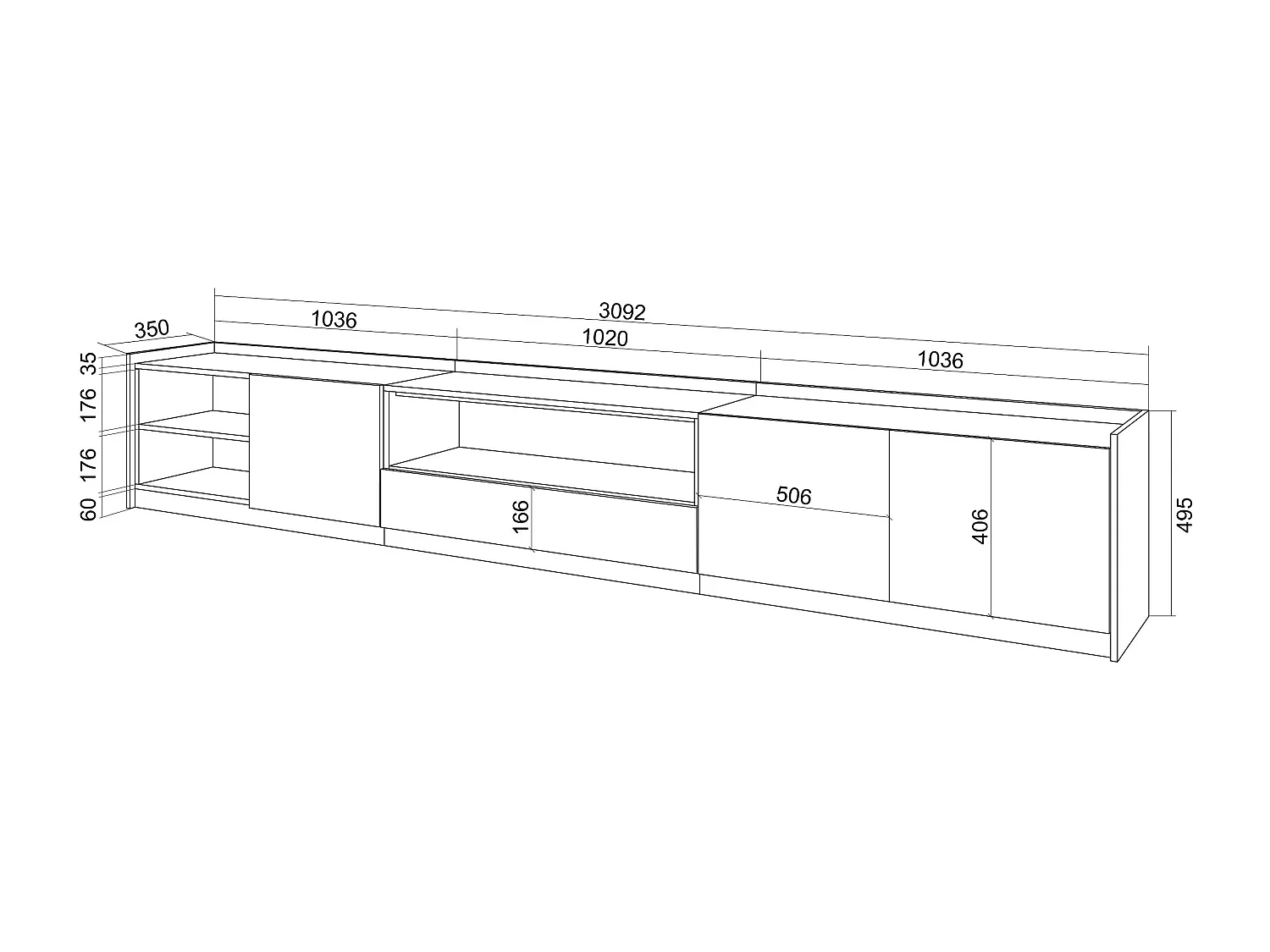 TV-Schrank, Lowboard, 310x50x37 cm, Für TV-Geräte bis zu 80", Fernsehtisch, Weiß und Eiche Soft