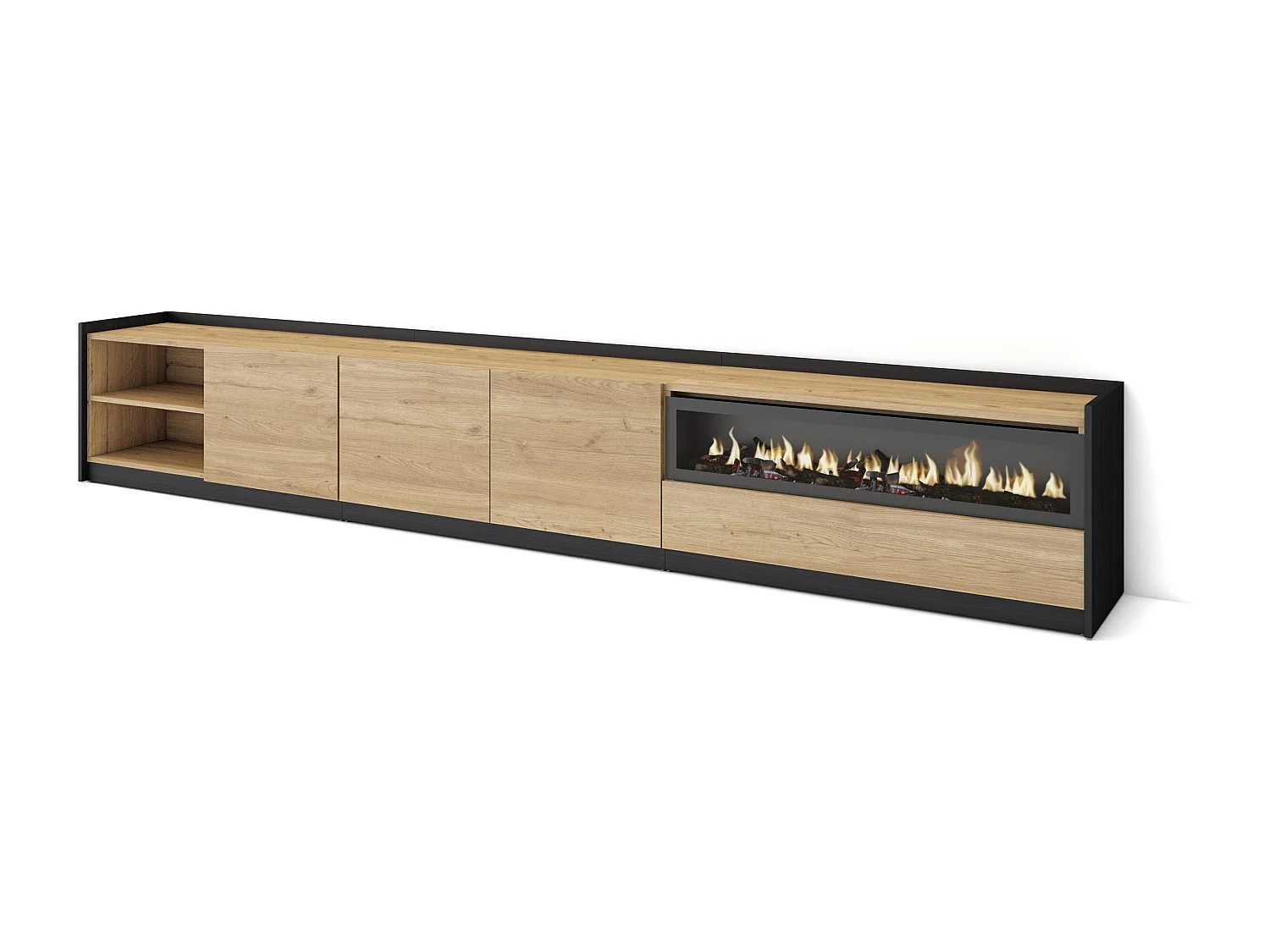 Meuble TV, Banc Télé, 310x50x37 cm, Pour les TV jusqu'à 80", Cheminée électrique, Chêne et noir