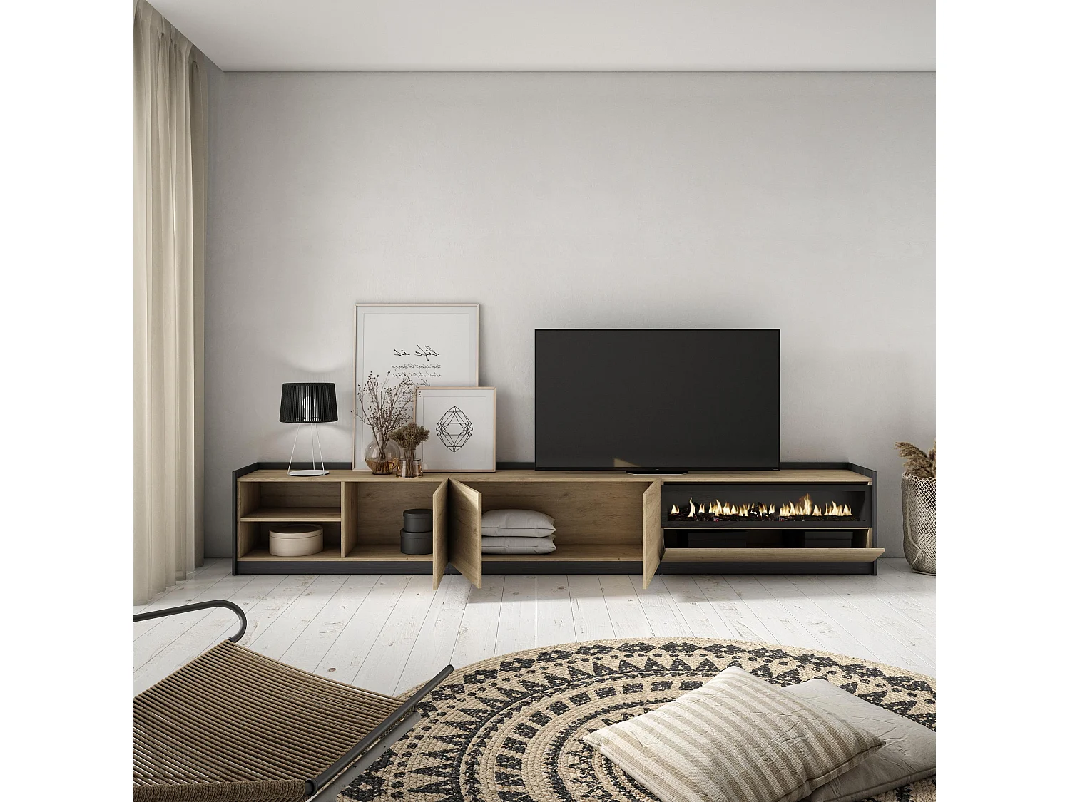 Meuble TV, Banc Télé, 310x50x37 cm, Pour les TV jusqu'à 80", Cheminée électrique, Chêne et noir