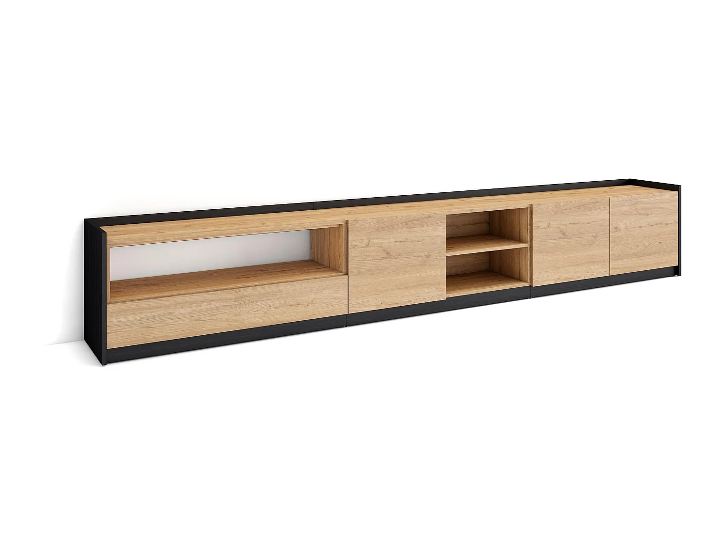 TV-Schrank, Lowboard, 310x50x37 cm, Für TV-Geräte bis zu 80", Fernsehtisch, Eiche Schwarz