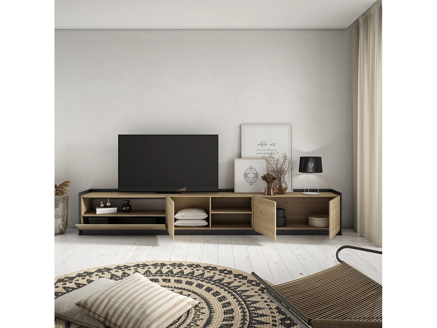 TV-Schrank, Lowboard, 310x50x37 cm, Für TV-Geräte bis zu 80", Fernsehtisch, Eiche Schwarz