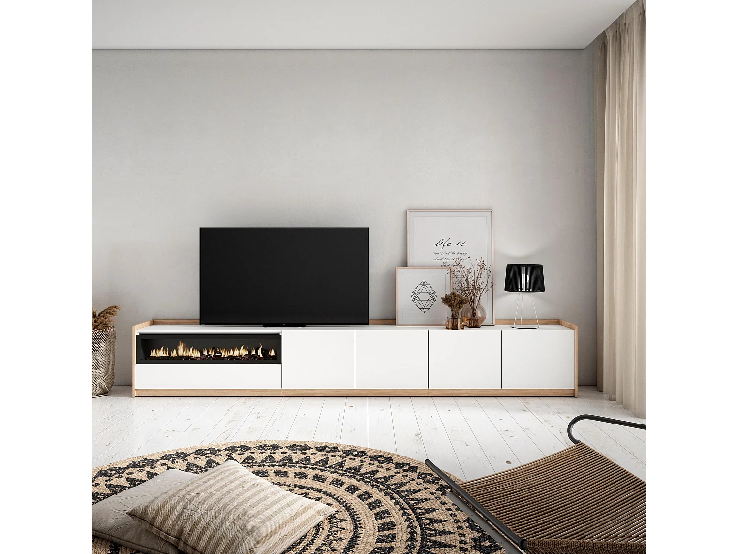 TV-Schrank, Lowboard, 310x50x37 cm, Für TV-Geräte bis zu 80", Elektrokamin., Weiß und Eiche Soft