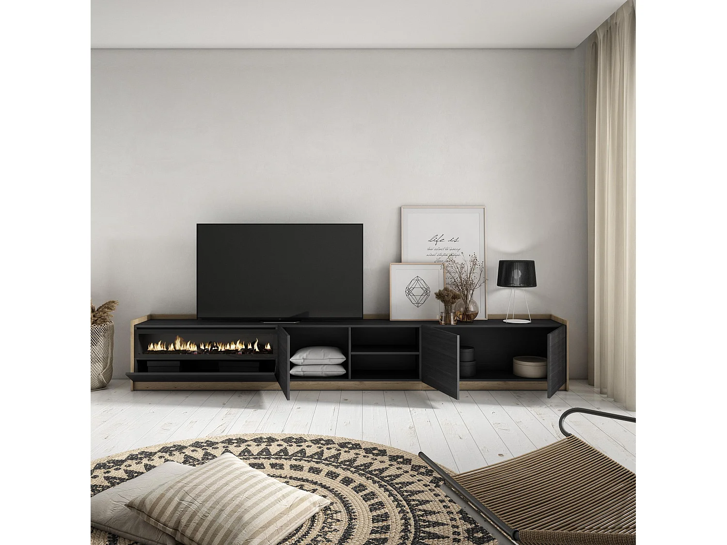 TV-Schrank, Lowboard, 310x50x37 cm, Für TV-Geräte bis zu 80", Elektrokamin., Schwarz Eiche