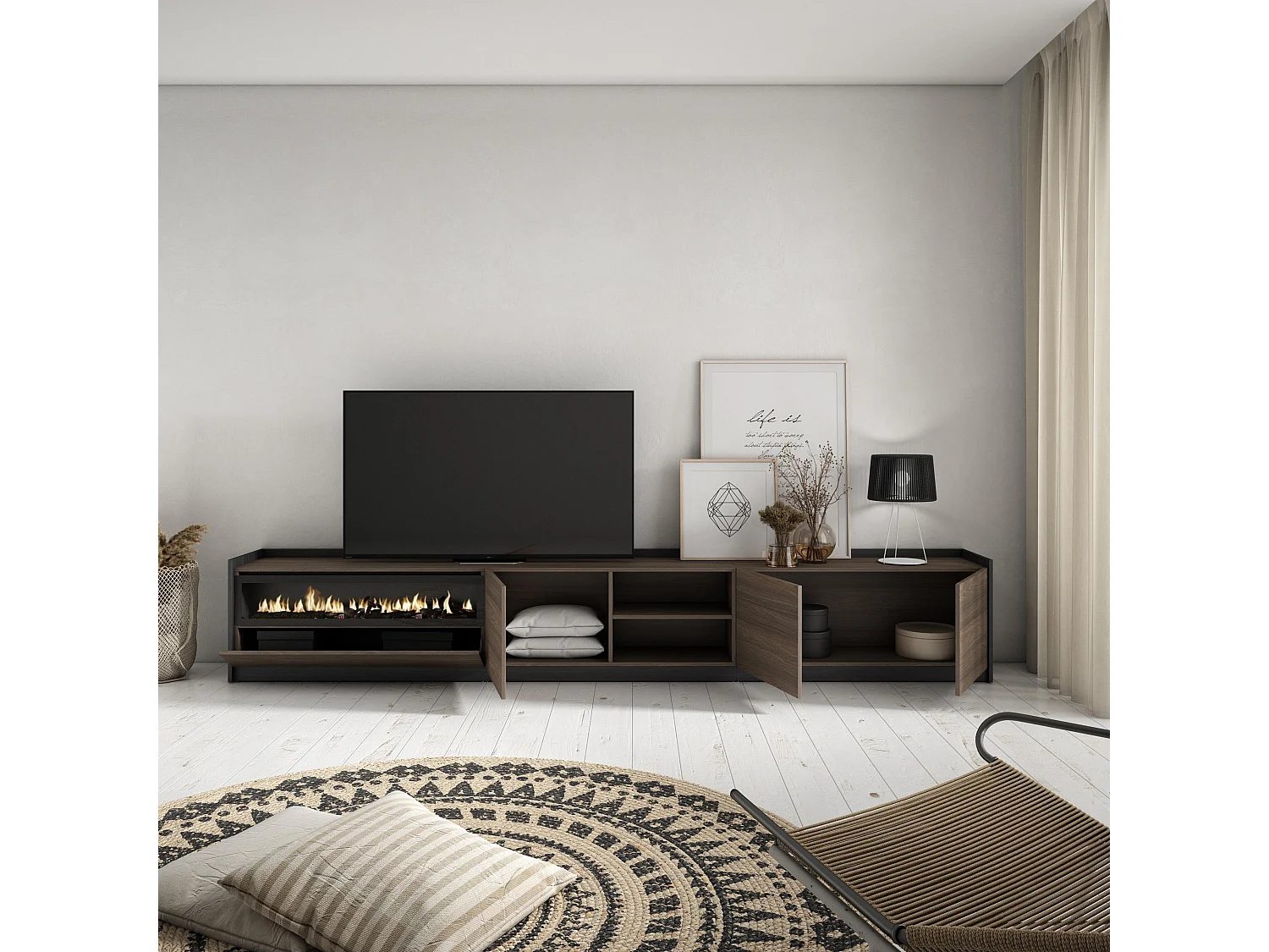 Móvel de TV, 310x50x37 cm, Para televisores até 80", Lareira eléctrica, Carvalho escuro e Preto