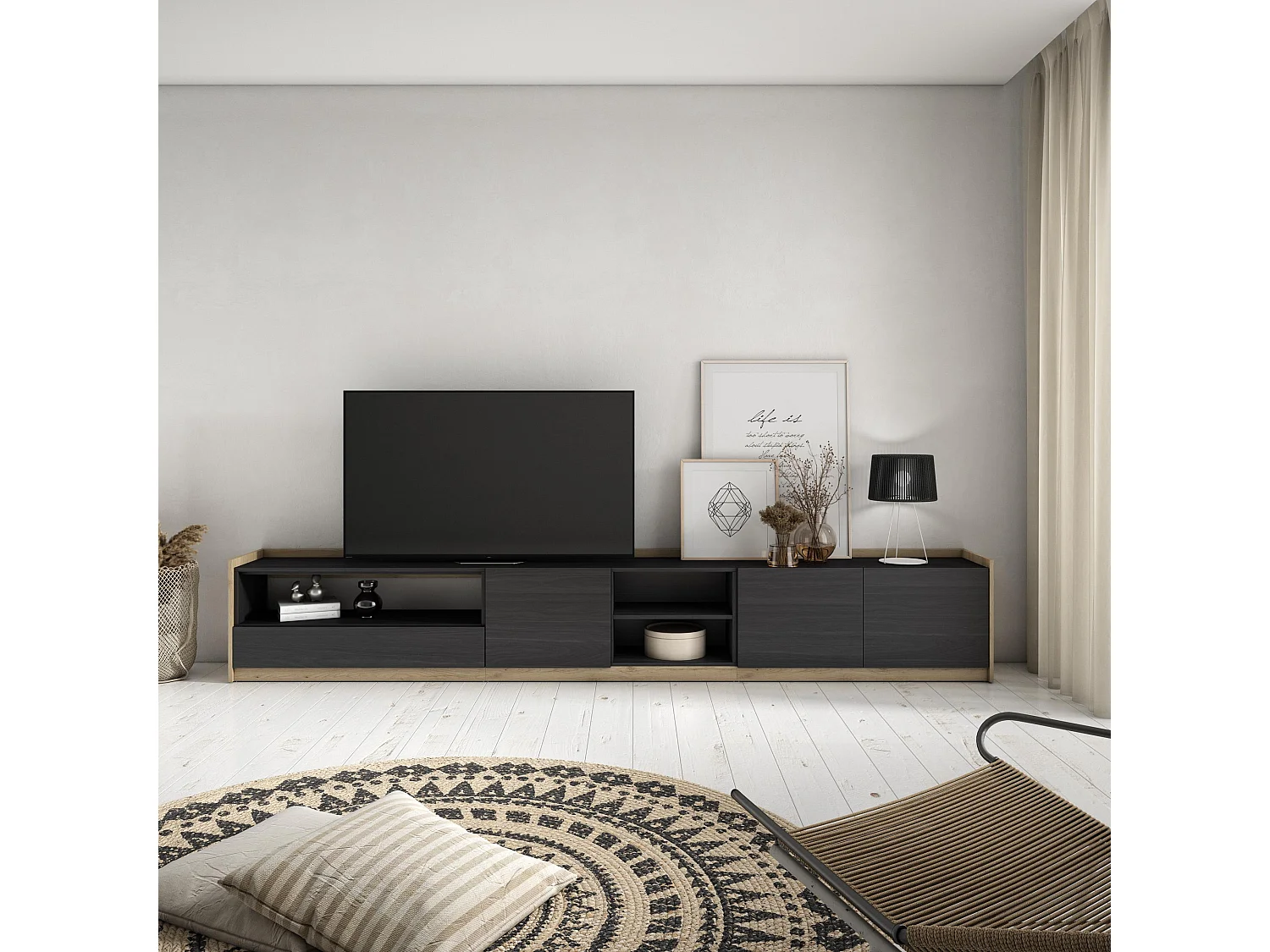 TV-Schrank, Lowboard, 310x50x37 cm, Für TV-Geräte bis zu 80", Fernsehtisch, Schwarz Eiche