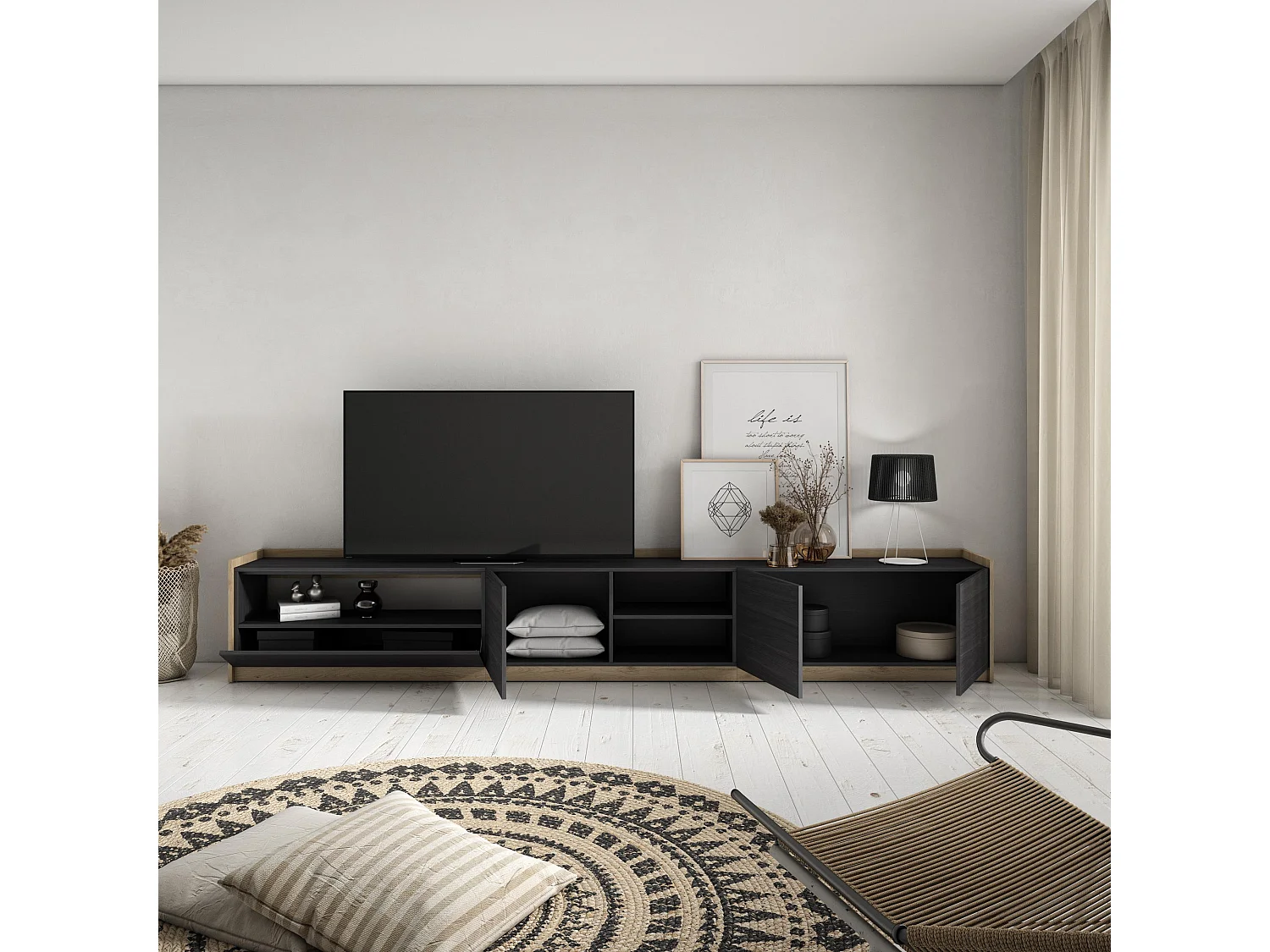 TV-Schrank, Lowboard, 310x50x37 cm, Für TV-Geräte bis zu 80", Fernsehtisch, Schwarz Eiche