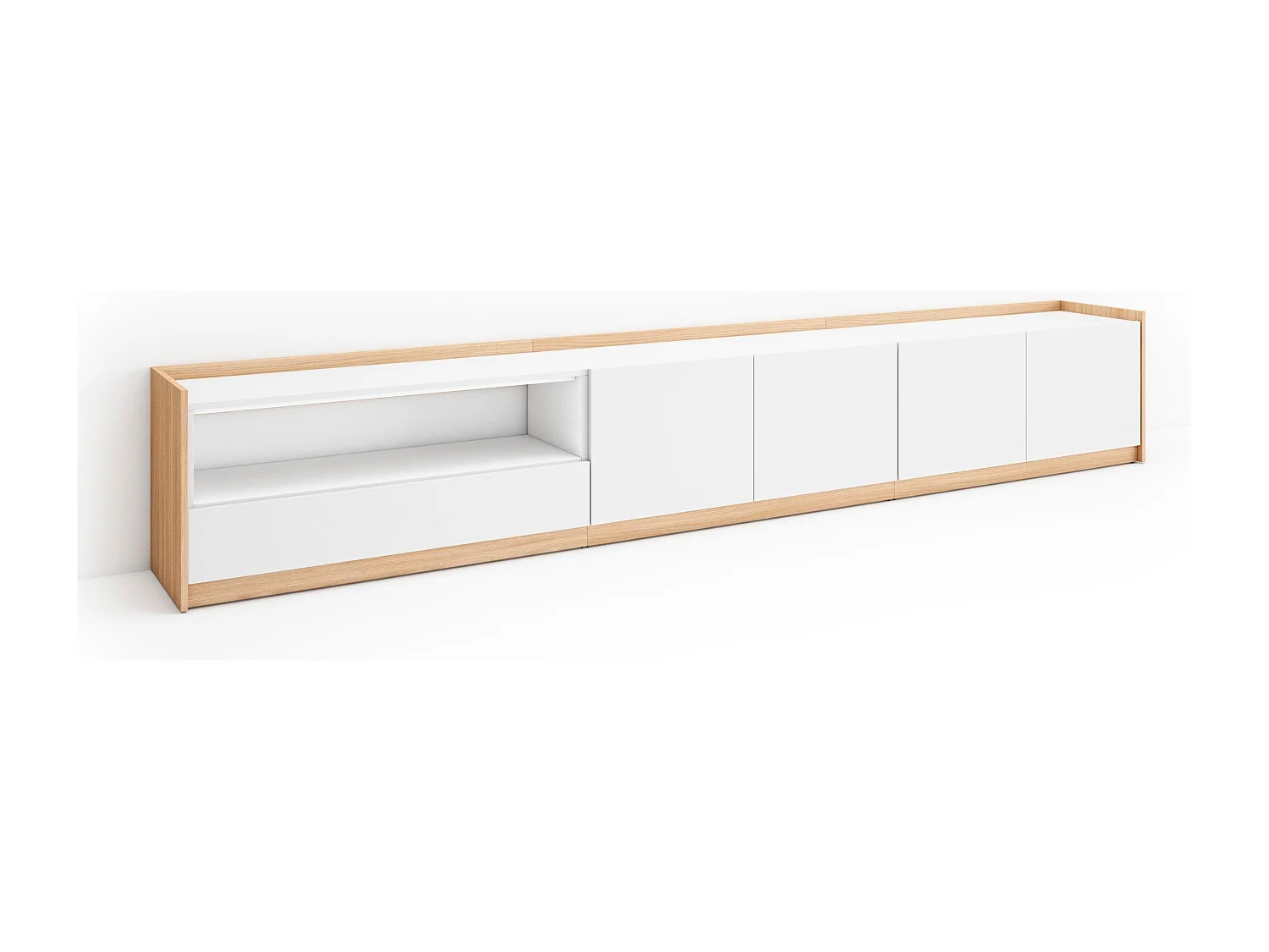 TV-Schrank, Lowboard, 310x50x37 cm, Für TV-Geräte bis zu 80", Fernsehtisch, Weiß und Eiche Soft
