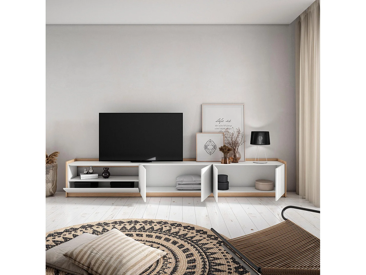 TV-Schrank, Lowboard, 310x50x37 cm, Für TV-Geräte bis zu 80", Fernsehtisch, Weiß und Eiche Soft