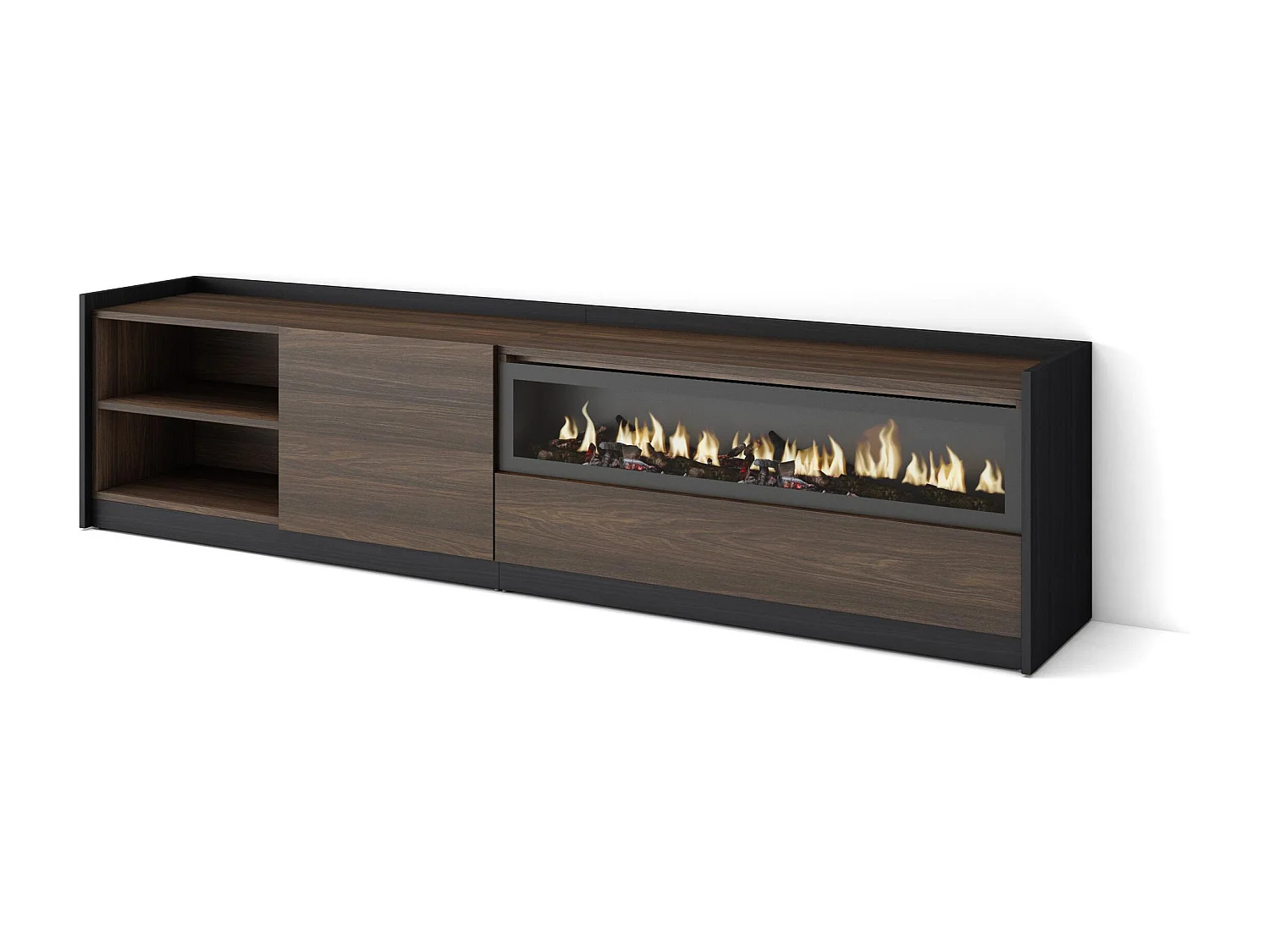 TV-Meubel, Lowboard, 207x50x37 cm, Voor tv's tot 80", Elektrische haard, Donkere eik en Zwart