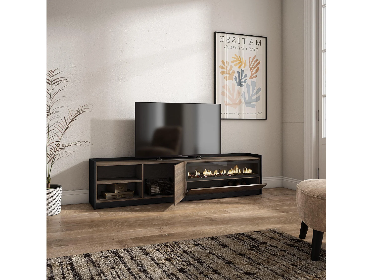 TV-Meubel, Lowboard, 207x50x37 cm, Voor tv's tot 80", Elektrische haard, Donkere eik en Zwart