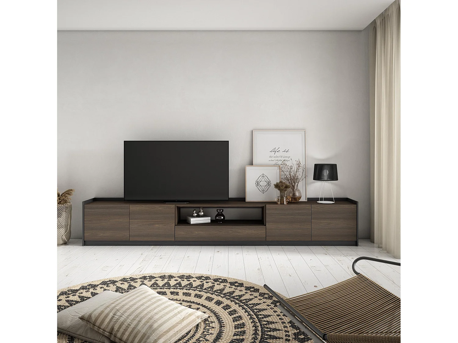 Mueble TV, Televisión, 310x50x37 cm, Para TV hasta 80", Con almacenamiento, Roble oscuro y Negro