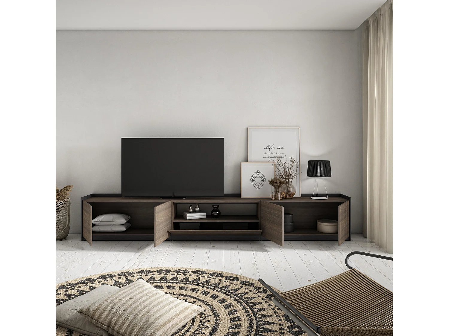 Mueble TV, Televisión, 310x50x37 cm, Para TV hasta 80", Con almacenamiento, Roble oscuro y Negro