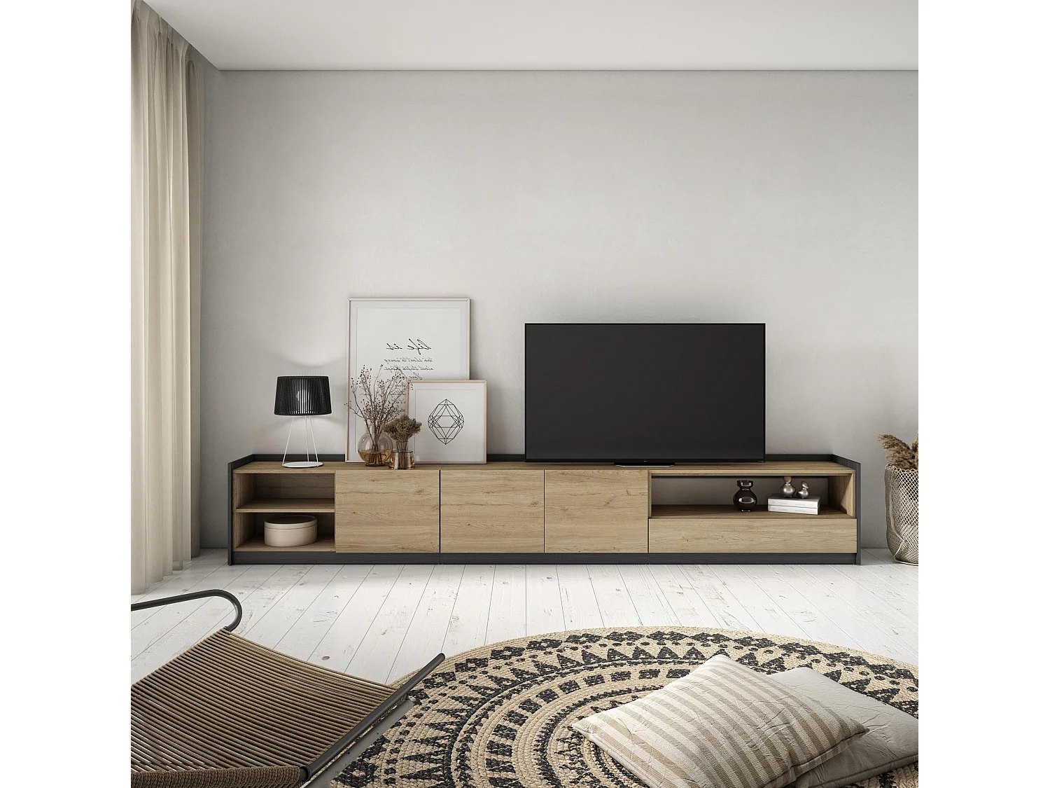TV-Schrank, Lowboard, 310x50x37 cm, Für TV-Geräte bis zu 80", Fernsehtisch, Eiche Schwarz