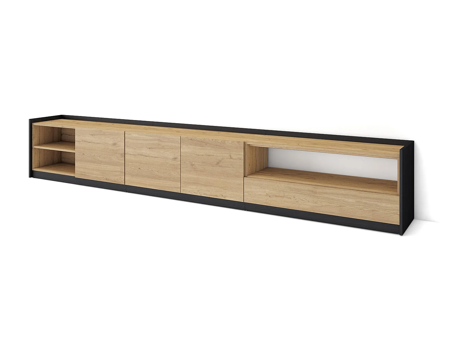TV-Schrank, Lowboard, 310x50x37 cm, Für TV-Geräte bis zu 80", Fernsehtisch, Eiche Schwarz
