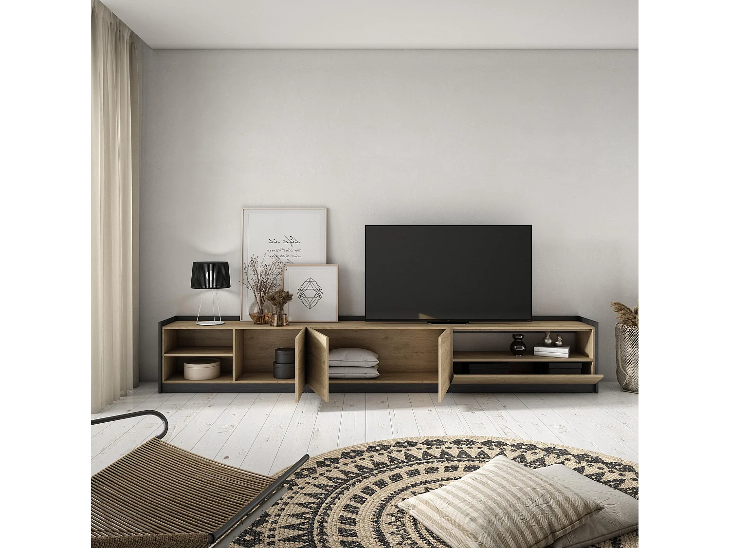 TV-Schrank, Lowboard, 310x50x37 cm, Für TV-Geräte bis zu 80", Fernsehtisch, Eiche Schwarz