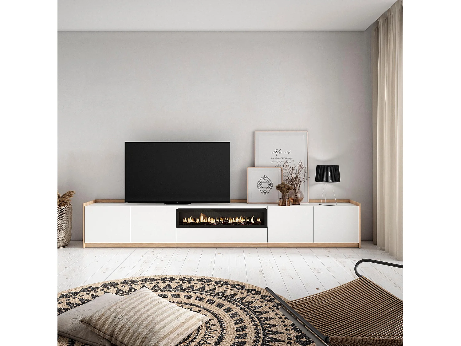 TV-Schrank, Lowboard, 310x50x37 cm, Für TV-Geräte bis zu 80", Elektrokamin., Weiß und Eiche Soft