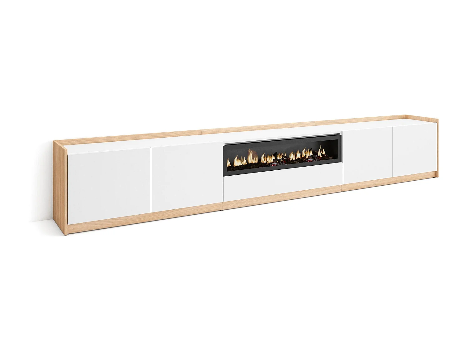 TV-Schrank, Lowboard, 310x50x37 cm, Für TV-Geräte bis zu 80", Elektrokamin., Weiß und Eiche Soft