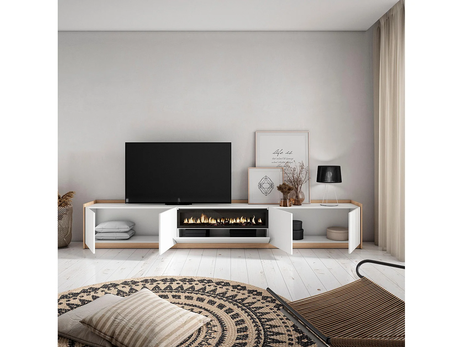 TV-Schrank, Lowboard, 310x50x37 cm, Für TV-Geräte bis zu 80", Elektrokamin., Weiß und Eiche Soft