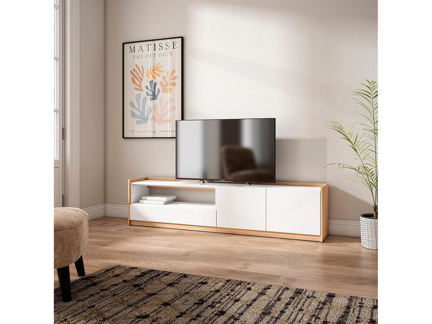 TV-Schrank, Lowboard, 207x50x37 cm, Für TV-Geräte bis zu 80", Fernsehtisch, Weiß und Eiche Soft